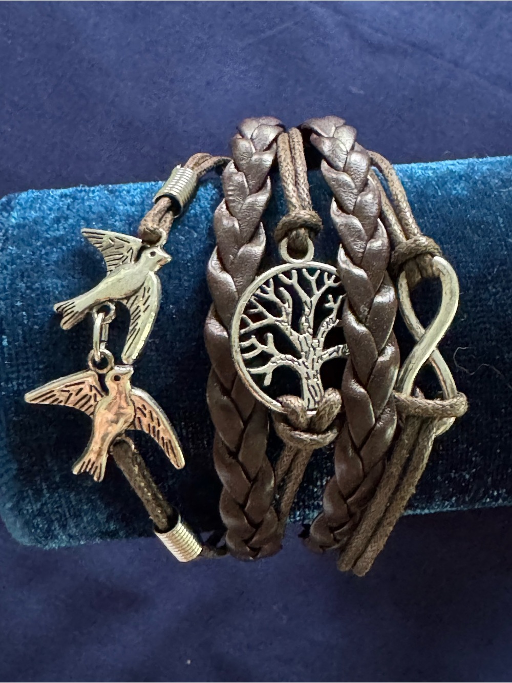 Brown Leather Multi-Strand Bracelet with Bird and Tree Charms